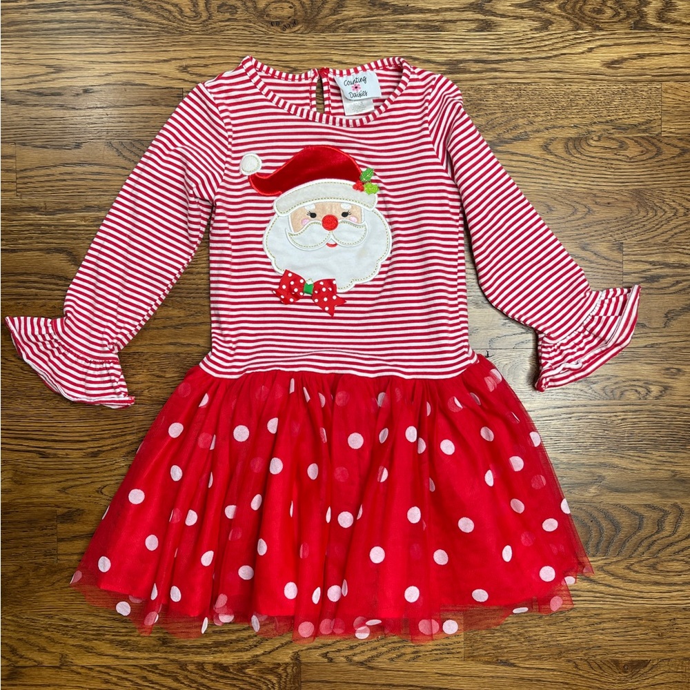 Counting Daisies Girls Tulle Festive Christmas Holiday Santa Appliqué Dress 6